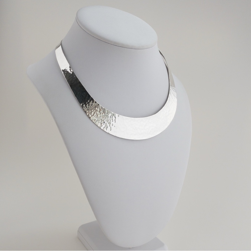 Vintage Mexico Modernist Wide Hammered Sterling Silver Torc Collar Necklace 925